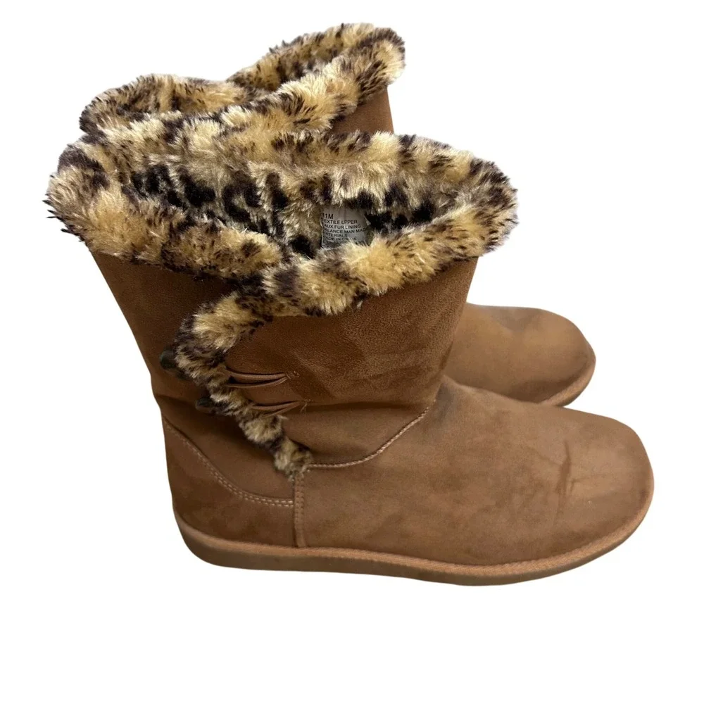 Pacifica Women's Brown Faux Suede Leopard Print Fur Lined‎ Winter Boots Size 11M